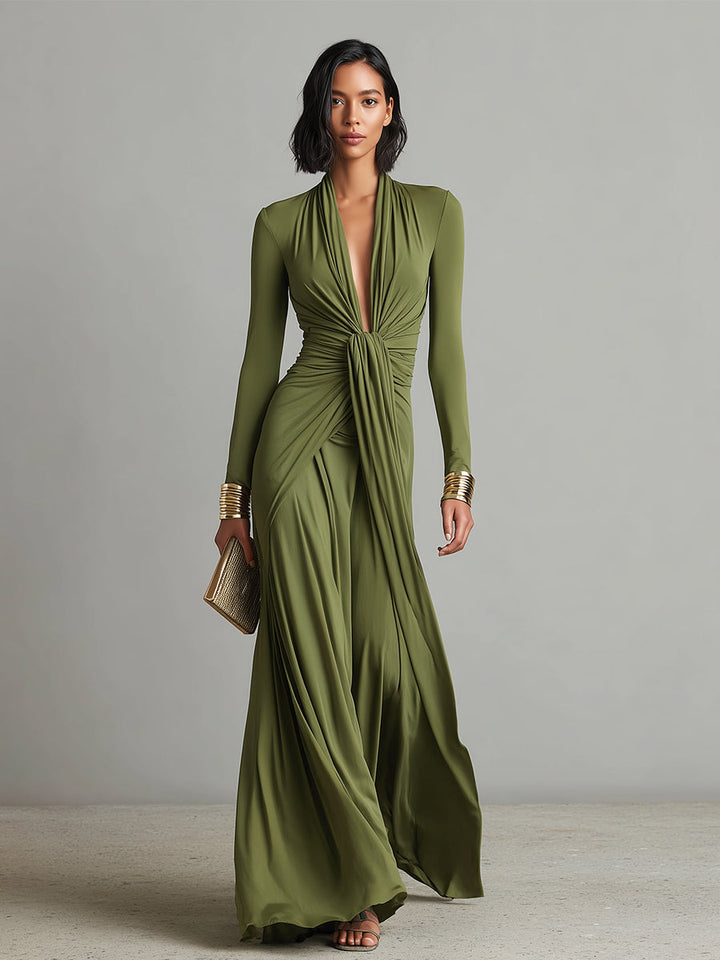 Olivgrünes Satin-Maxikleid mit V-Ausschnitt