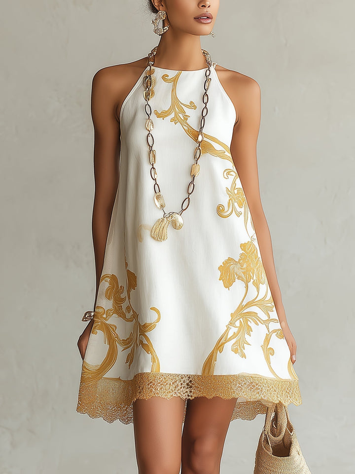 Héloïse | Weißes Spitzen-Minikleid mit goldenen Akzenten