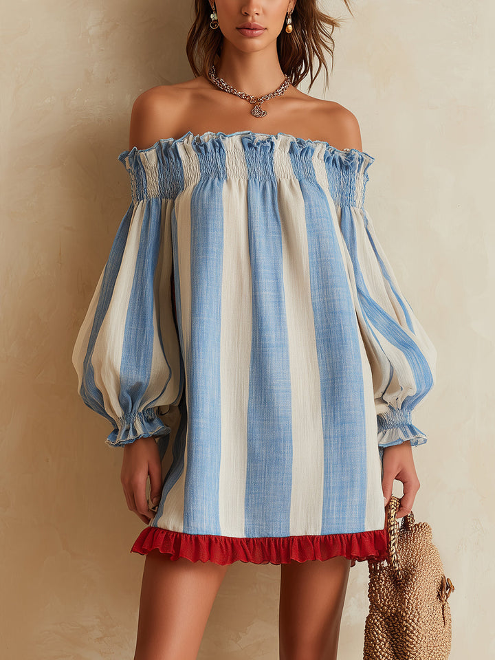 Ondine | Blau- und Weißgestreiftes Minikleid im Off-Shoulder-Stil mit kontrastierendem Saum
