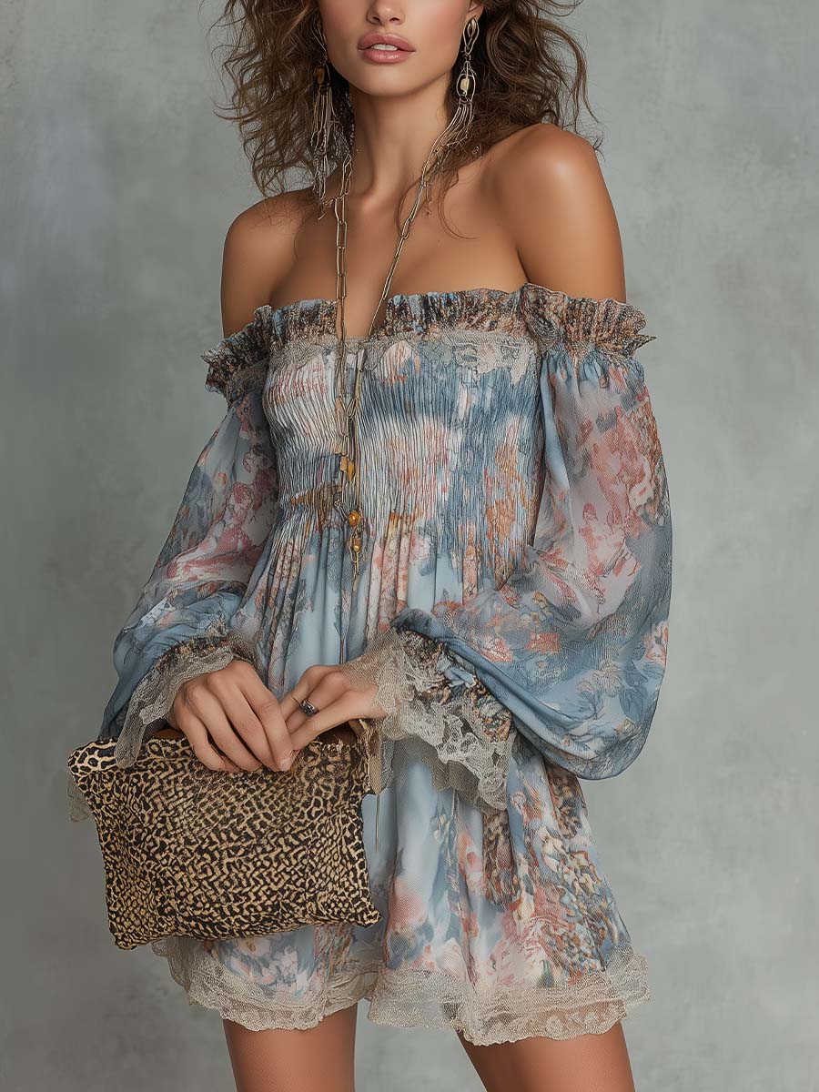Romane | Off-Shoulder Mini-Kleid aus gerafftem Chiffon mit romantischem Blumenmuster