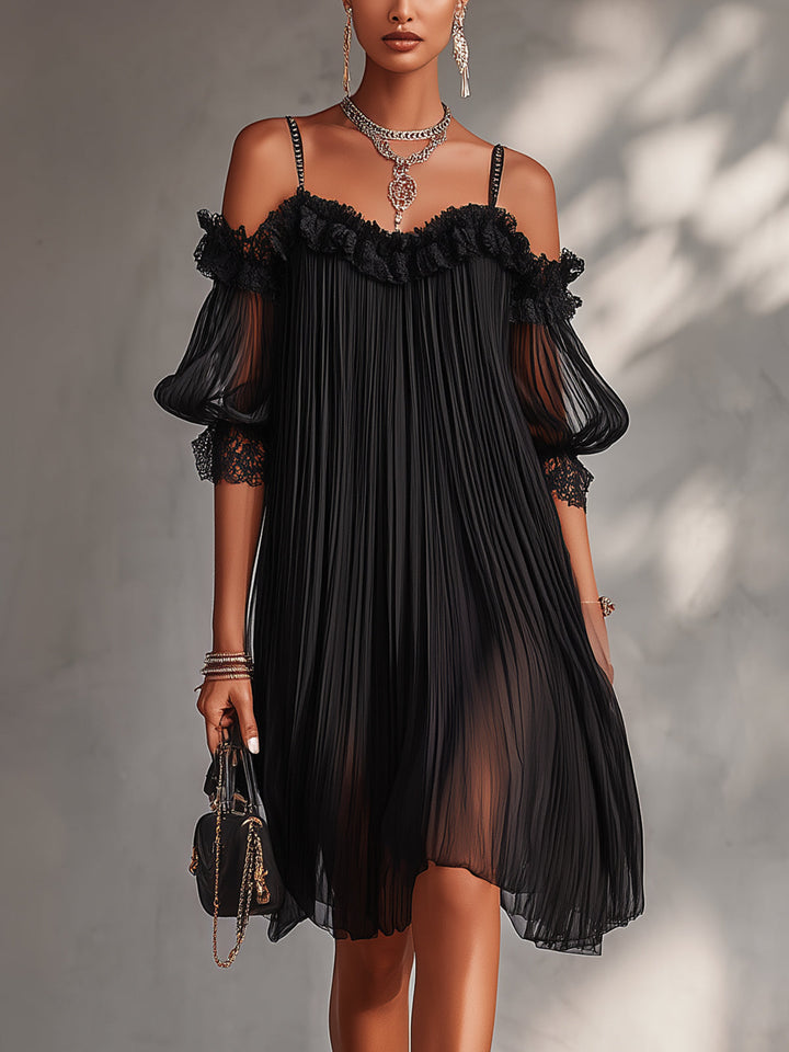 Margaret | Schwarzes Chiffon-Minikleid mit schulterfreiem Design und Spitzenverarbeitung