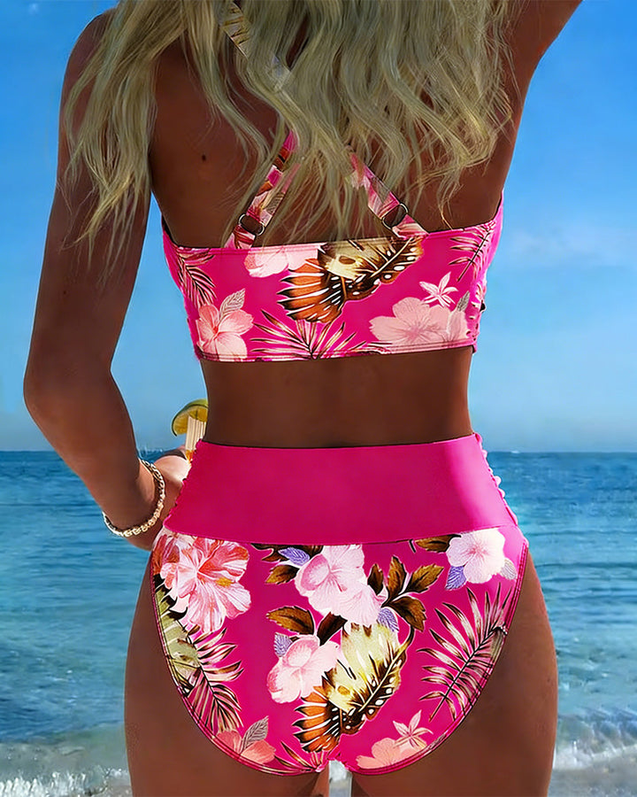 Bikini Kontrast Blumenmuster Geschnitten