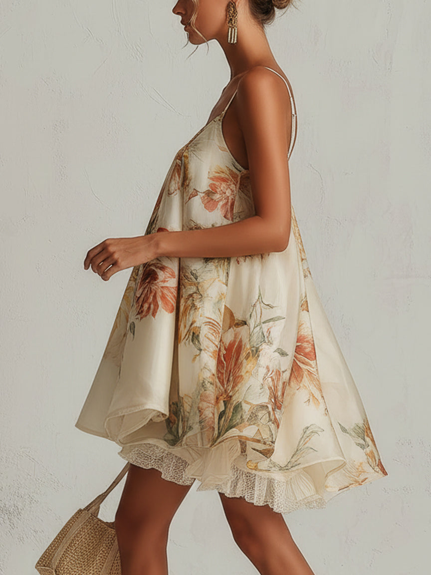 Blanche | Beiges florales Organza A-Linien-Minikleid mit Spitzenverzierungen