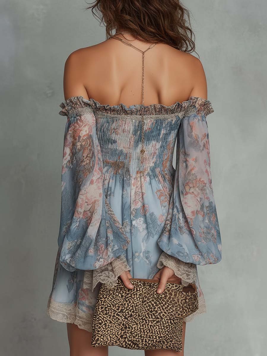 Romane | Off-Shoulder Mini-Kleid aus gerafftem Chiffon mit romantischem Blumenmuster