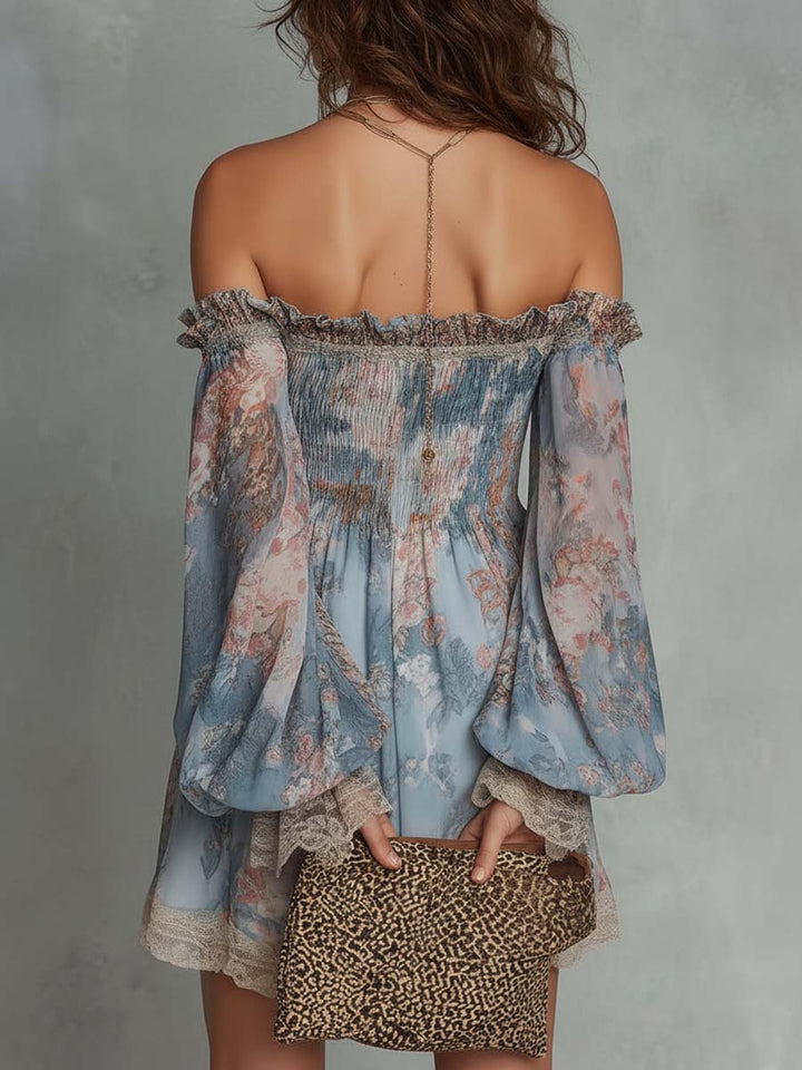 Romane | Off-Shoulder Mini-Kleid aus gerafftem Chiffon mit romantischem Blumenmuster