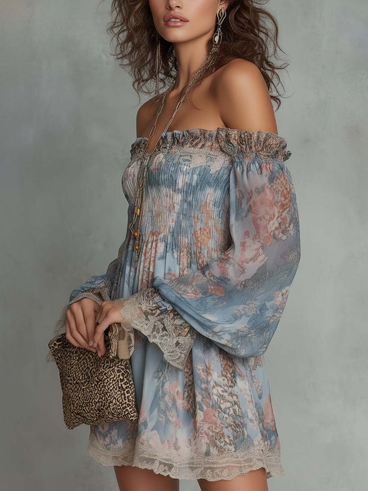Romane | Off-Shoulder Mini-Kleid aus gerafftem Chiffon mit romantischem Blumenmuster
