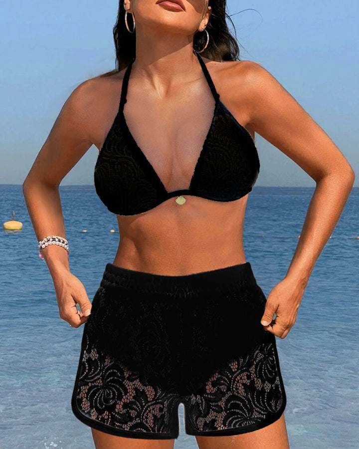 By Esmee® | Elegantes einfarbiges Spitzen-Bikini-Set