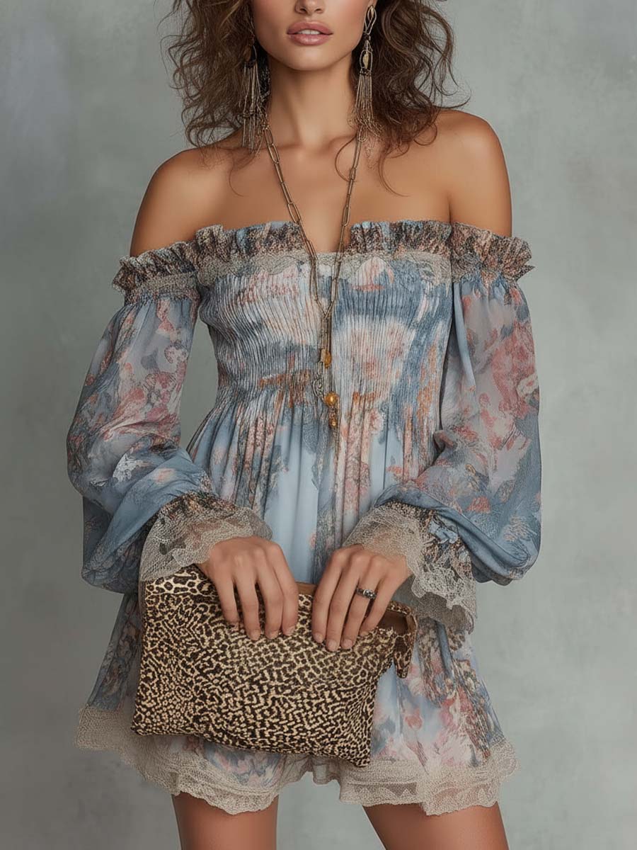Romane | Off-Shoulder Mini-Kleid aus gerafftem Chiffon mit romantischem Blumenmuster