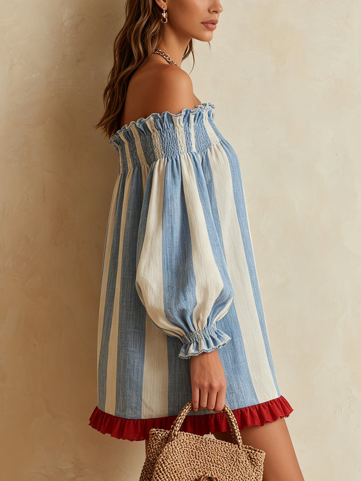 Ondine | Blau- und Weißgestreiftes Minikleid im Off-Shoulder-Stil mit kontrastierendem Saum