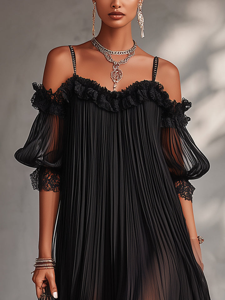 Camille | Schwarzes Chiffon-Minikleid mit Spitzenbesatz und schulterfreiem Design