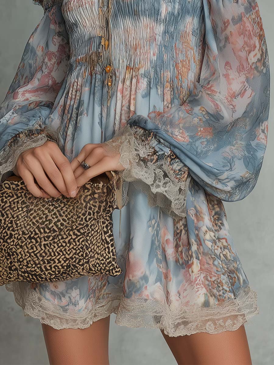 Romane | Off-Shoulder Mini-Kleid aus gerafftem Chiffon mit romantischem Blumenmuster