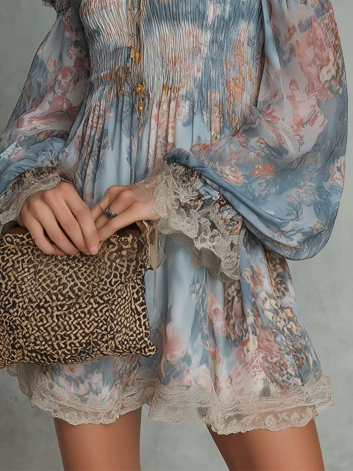 Romane | Off-Shoulder Mini-Kleid aus gerafftem Chiffon mit romantischem Blumenmuster