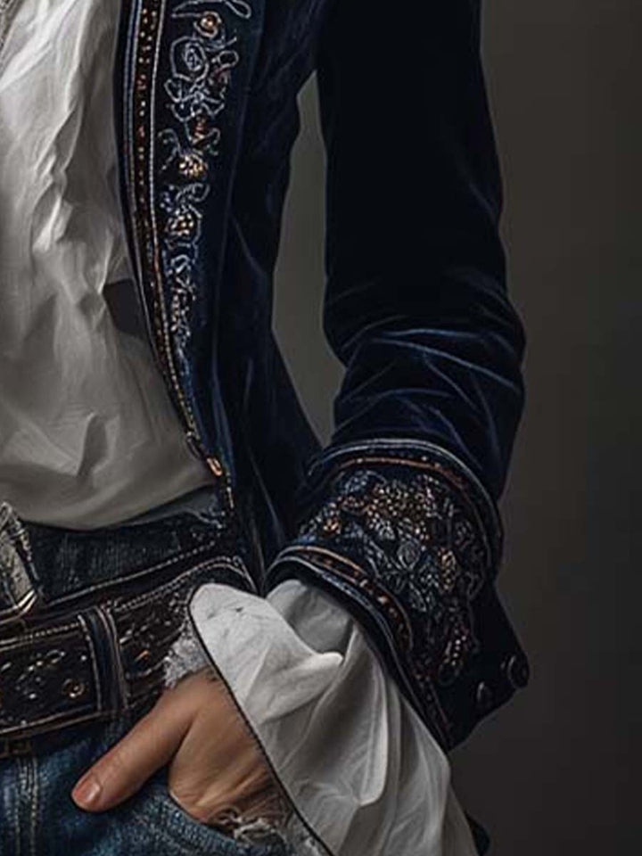 Athénaïs | Lange Bestickte Vintage-Jacke in Marineblau