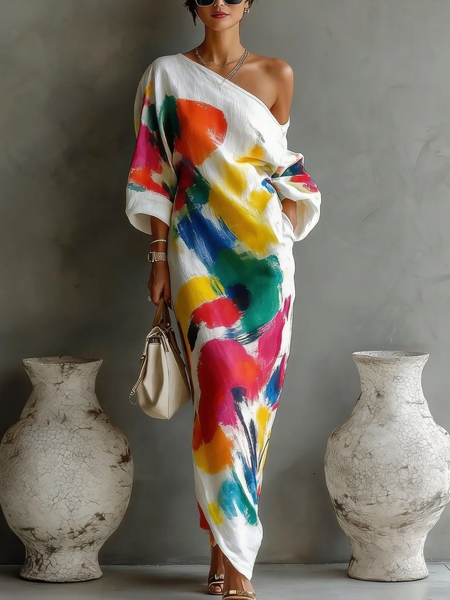 Maxikleid mit abstraktem Druck und einem Schulterträger