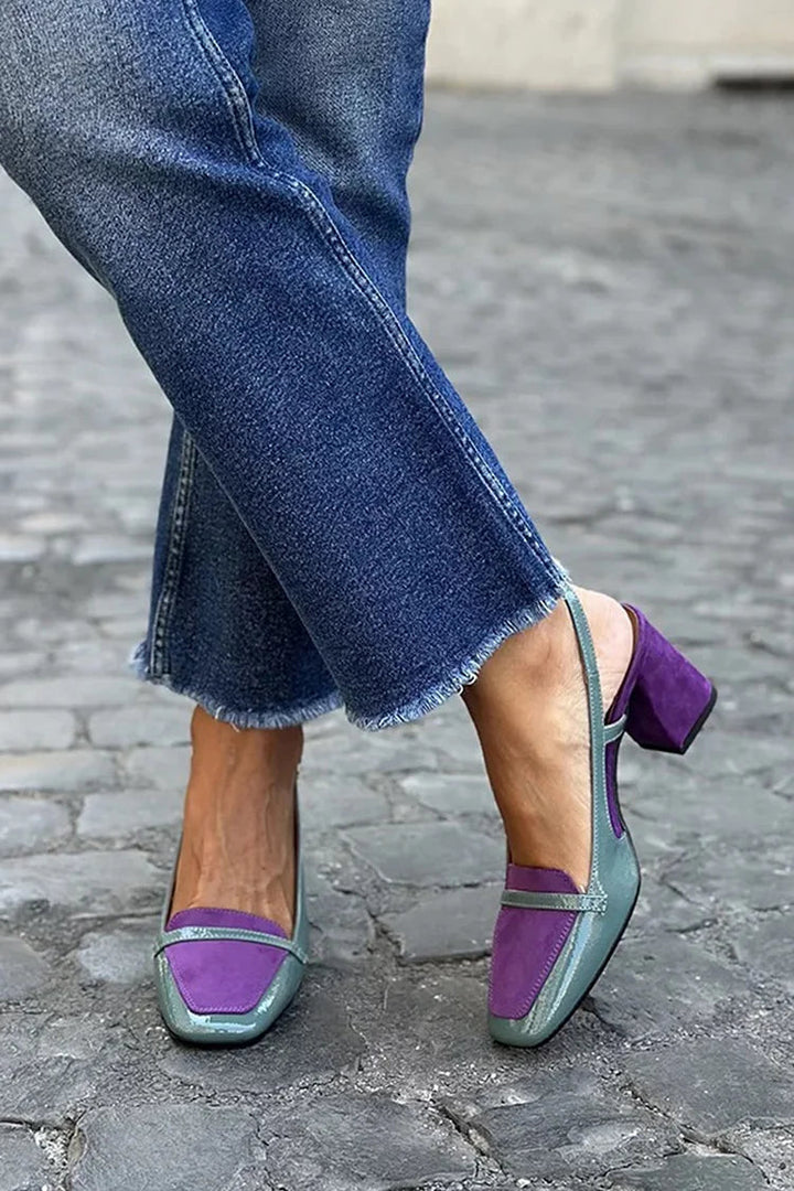 Breite Slingback-Patchwork-Pumps in Lila mit quadrater Spitze