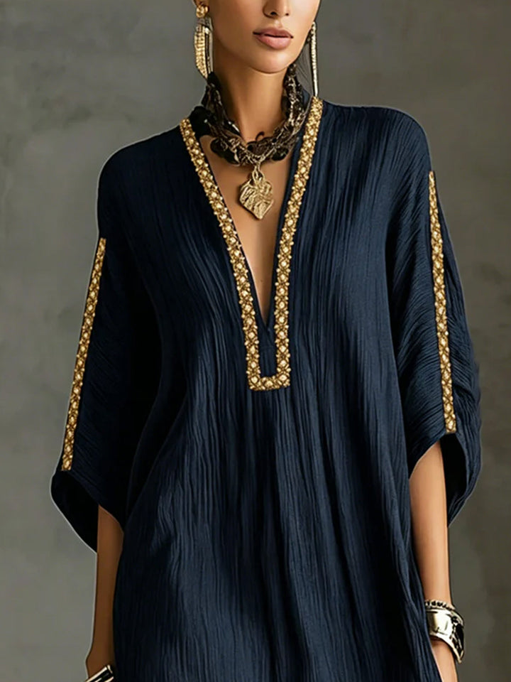 Mirella | Schwarzes Kaftan-Style Mini-Kleid mit tiefem V-Ausschnitt