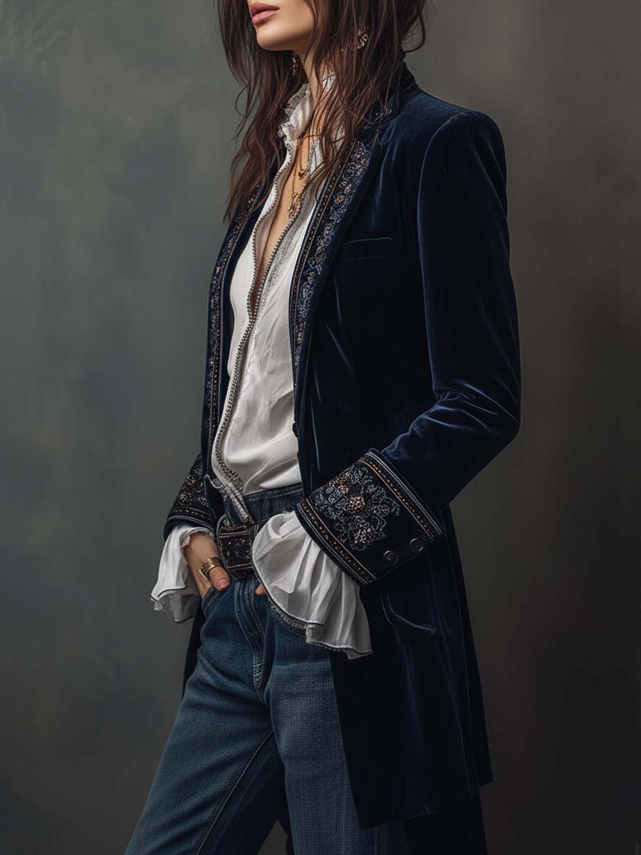 Athénaïs | Lange Bestickte Vintage-Jacke in Marineblau
