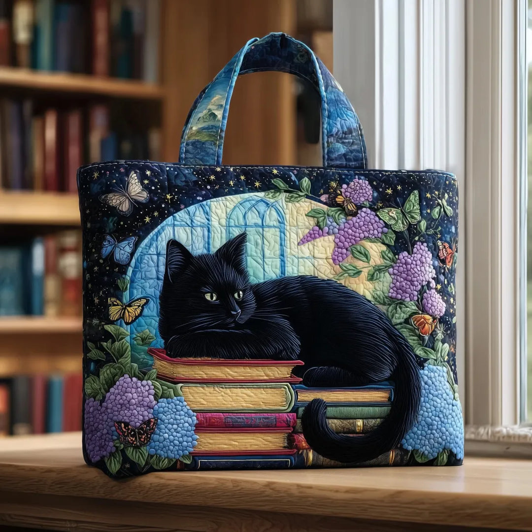 Handgefertigte Tasche - Schwarze Katze auf Büchern