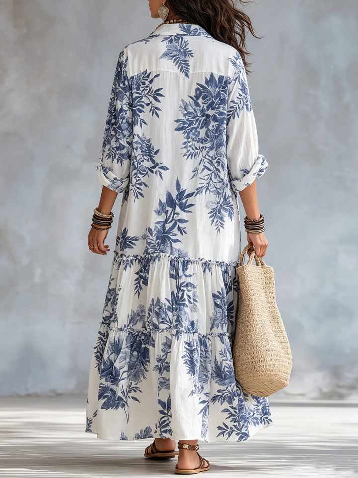 Dahlia™ | Bohemian Blau Blumiges Knopf-Down Stufenmaxikleid