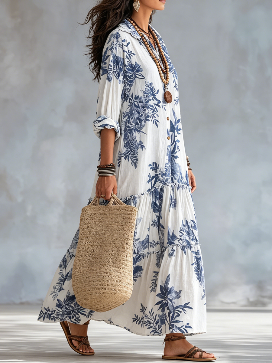 Dahlia™ | Bohemian Blau Blumiges Knopf-Down Stufenmaxikleid
