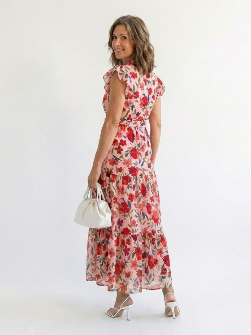 Lila | Midikleid mit V-Ausschnitt, Blumendruck und Volants