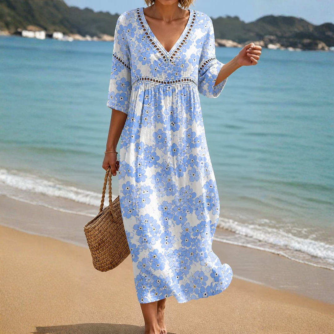 Delicato Abito da Spiaggia Blu a Fiori