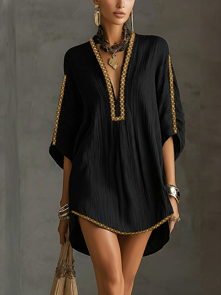Mirella | Schwarzes Kaftan-Style Mini-Kleid mit tiefem V-Ausschnitt