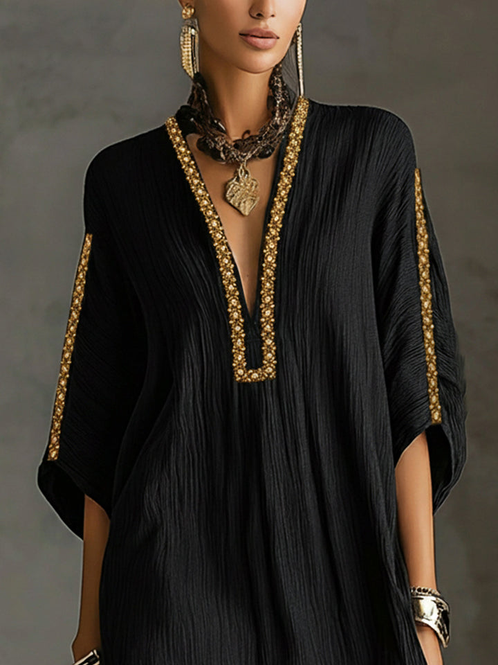 Mirella | Schwarzes Kaftan-Style Mini-Kleid mit tiefem V-Ausschnitt