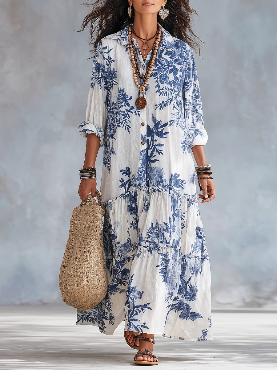 Dahlia™ | Bohemian Blau Blumiges Knopf-Down Stufenmaxikleid
