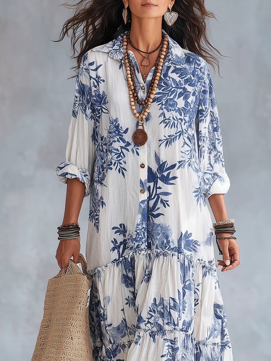 Dahlia™ | Bohemian Blau Blumiges Knopf-Down Stufenmaxikleid