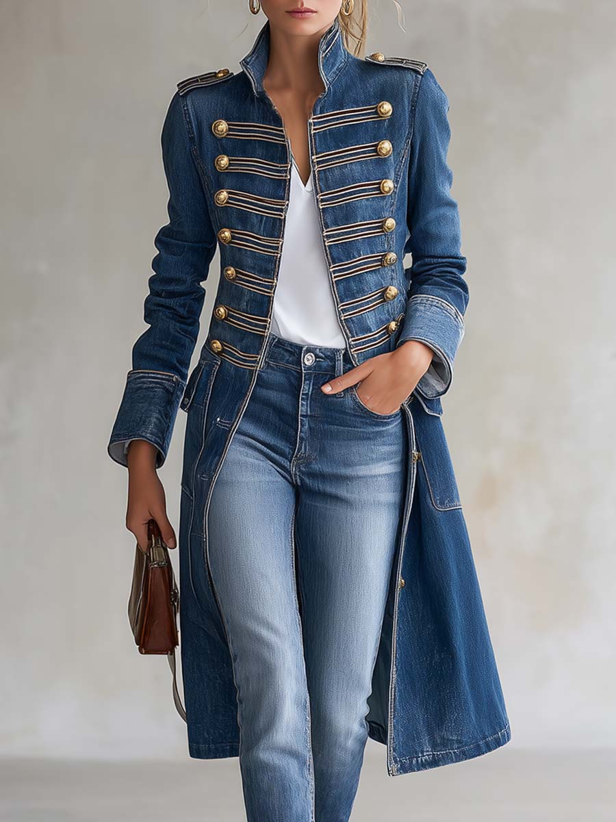 Joséphine | Offiziersmantel aus gewaschenem Denim, mit goldenen Knöpfen.