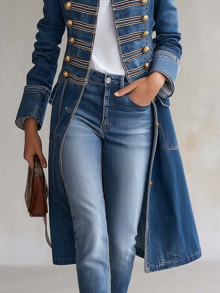 Joséphine | Offiziersmantel aus gewaschenem Denim, mit goldenen Knöpfen.