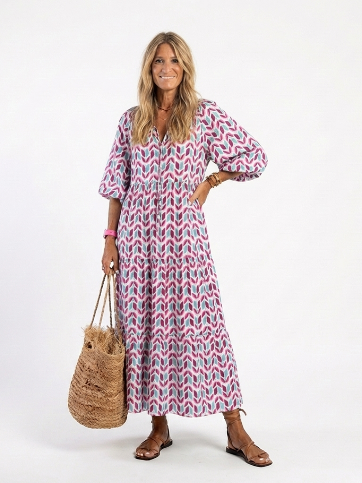 Mireya | Midikleid mit langen Ärmeln, geometrischem Druck und Volants