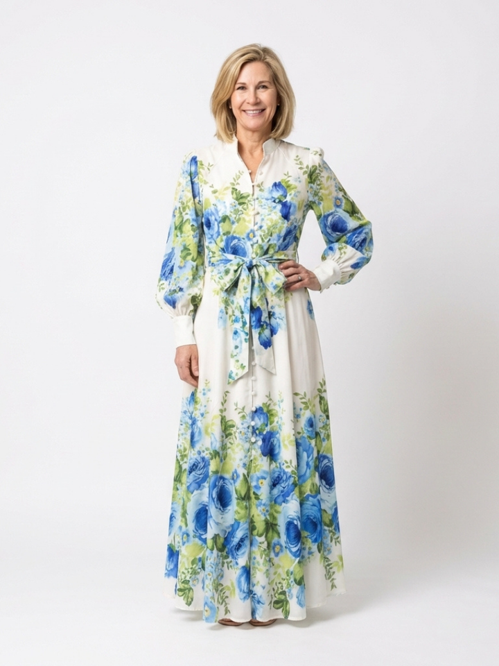 Harper | Langärmliges Blumenknopf-Front Maxikleid