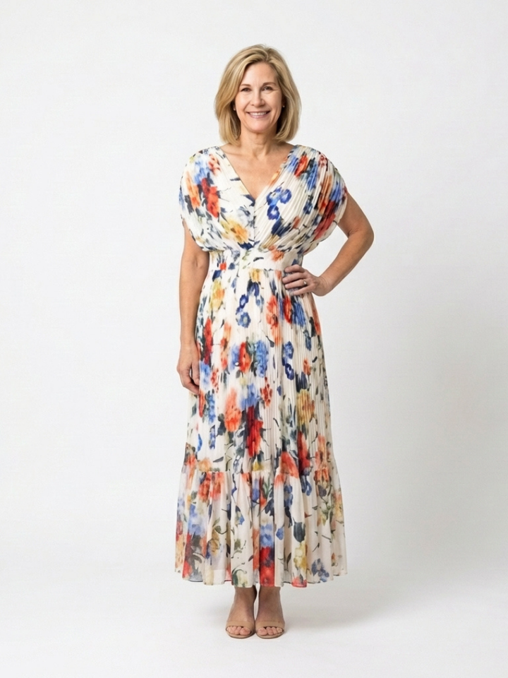 Savannah | Kurzärmeliges, plissiertes, florales Midikleid