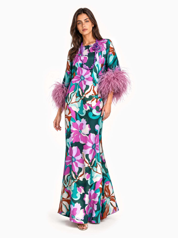 Maxikleid aus satinierter, blumiger Stoff