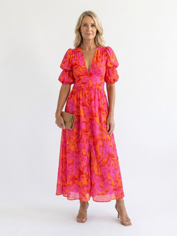 Willow | Midikleid mit V-Ausschnitt, Puffärmeln und Blumendruck