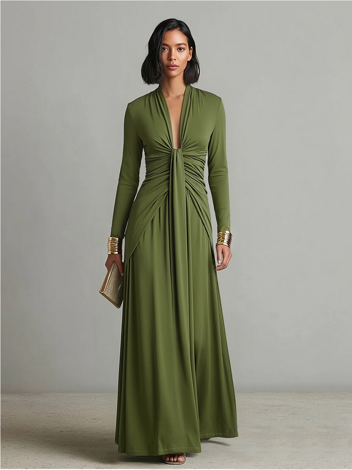 Olivgrünes Satin-Maxikleid mit V-Ausschnitt