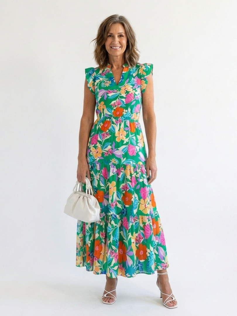 Lila | Midikleid mit V-Ausschnitt, Blumendruck und Volants