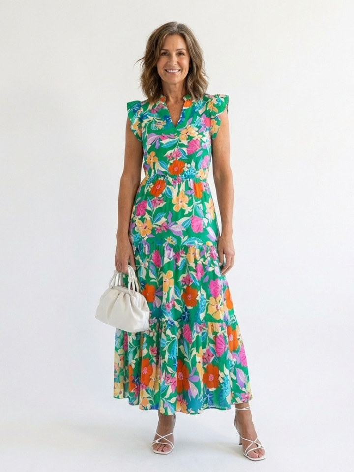 Lila | Midikleid mit V-Ausschnitt, Blumendruck und Volants