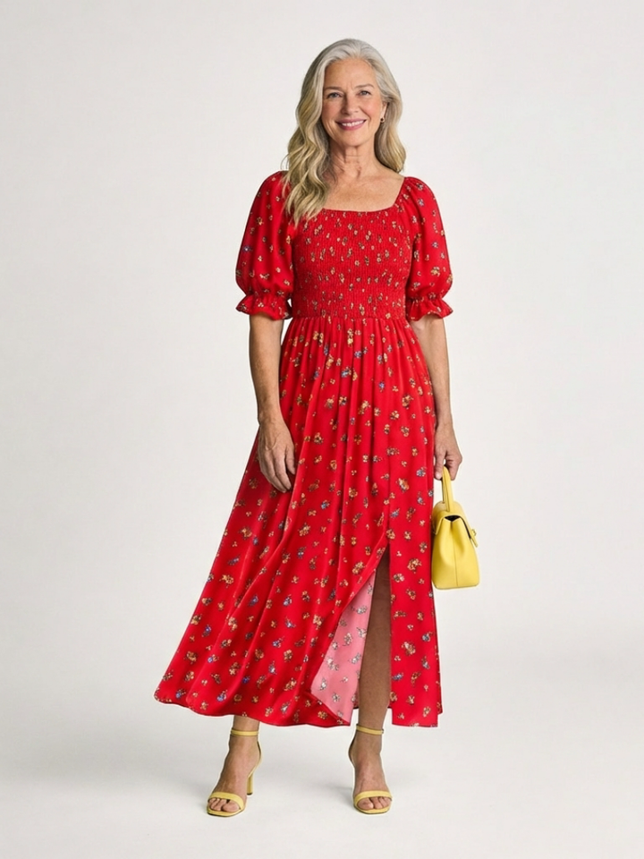 Delphine | Midikleid mit eckigem Ausschnitt, Puffärmeln und Blumendruck