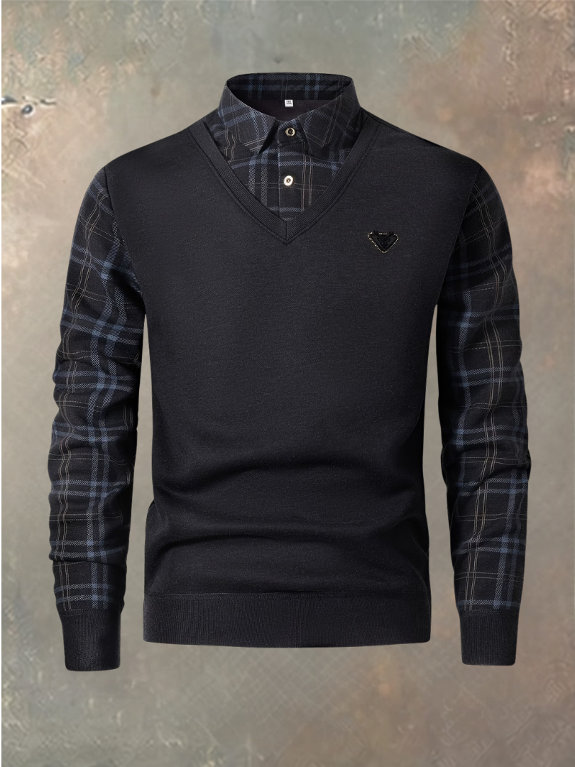 Ruben 2-in-1-Herrenpullover mit Hemdkragen in Schwarz