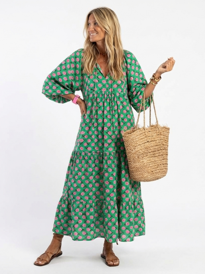 Fiora | Midikleid mit V-Ausschnitt, Blumendruck und Volants