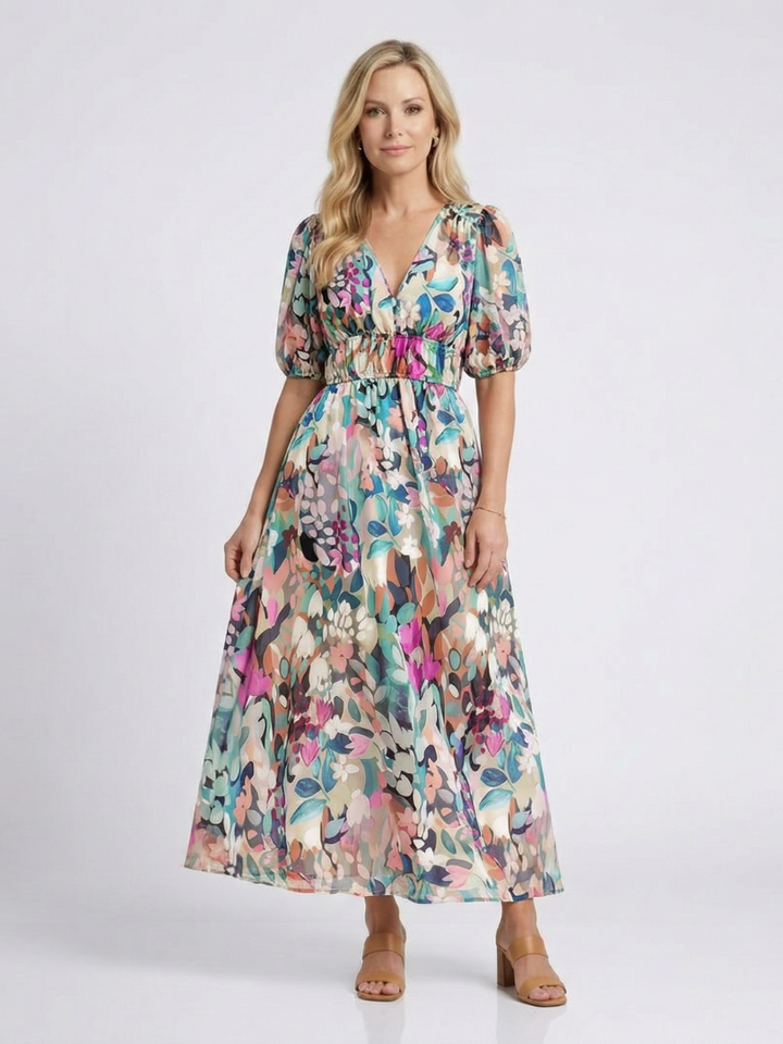 Eulalie | Midikleid mit V-Ausschnitt, kurzen Ärmeln und gereihter Taille