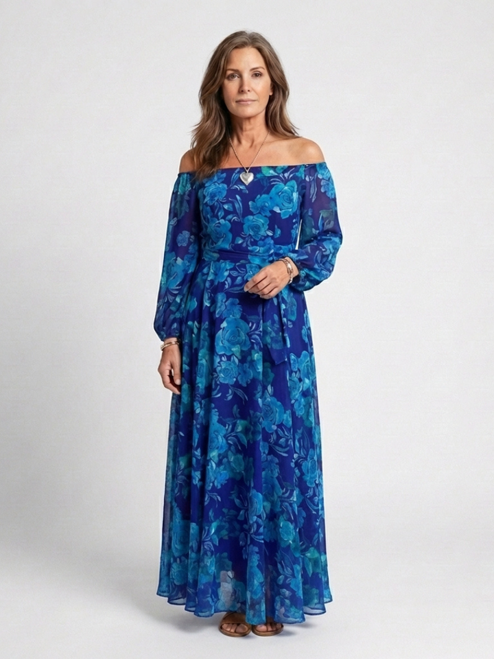 Aspen | Schulterfreies Maxikleid mit Blumendruck