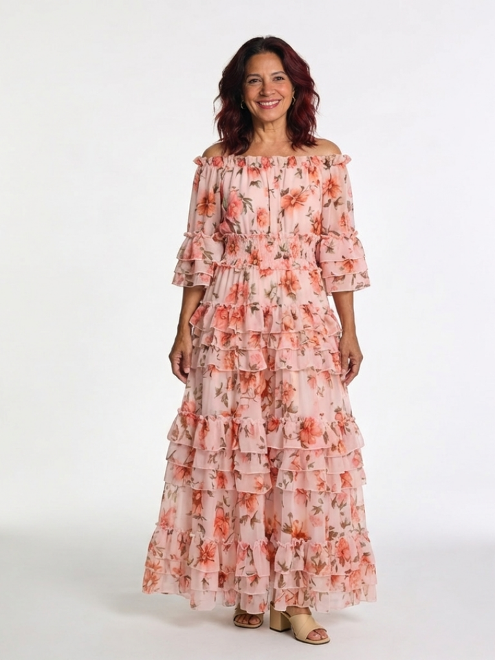 Rosalie | Schulterfreies Maxikleid mit Rüschen, Volants und Blumendruck