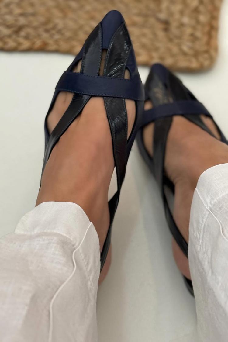 Ballerinas Slingback Cut-Out Patchwork Blau Navy mit Spitze