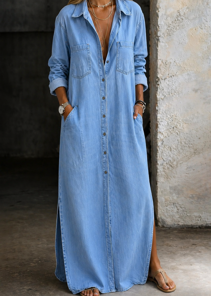 Mila | Denim Maxi Blusen Kleid