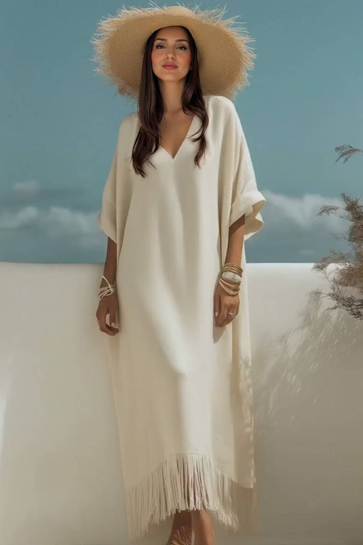 Maxi Kleid mit V-Ausschnitt und Fransen