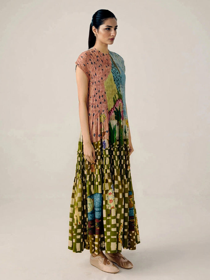Maxi-Plisseekleid mit Retro-Print